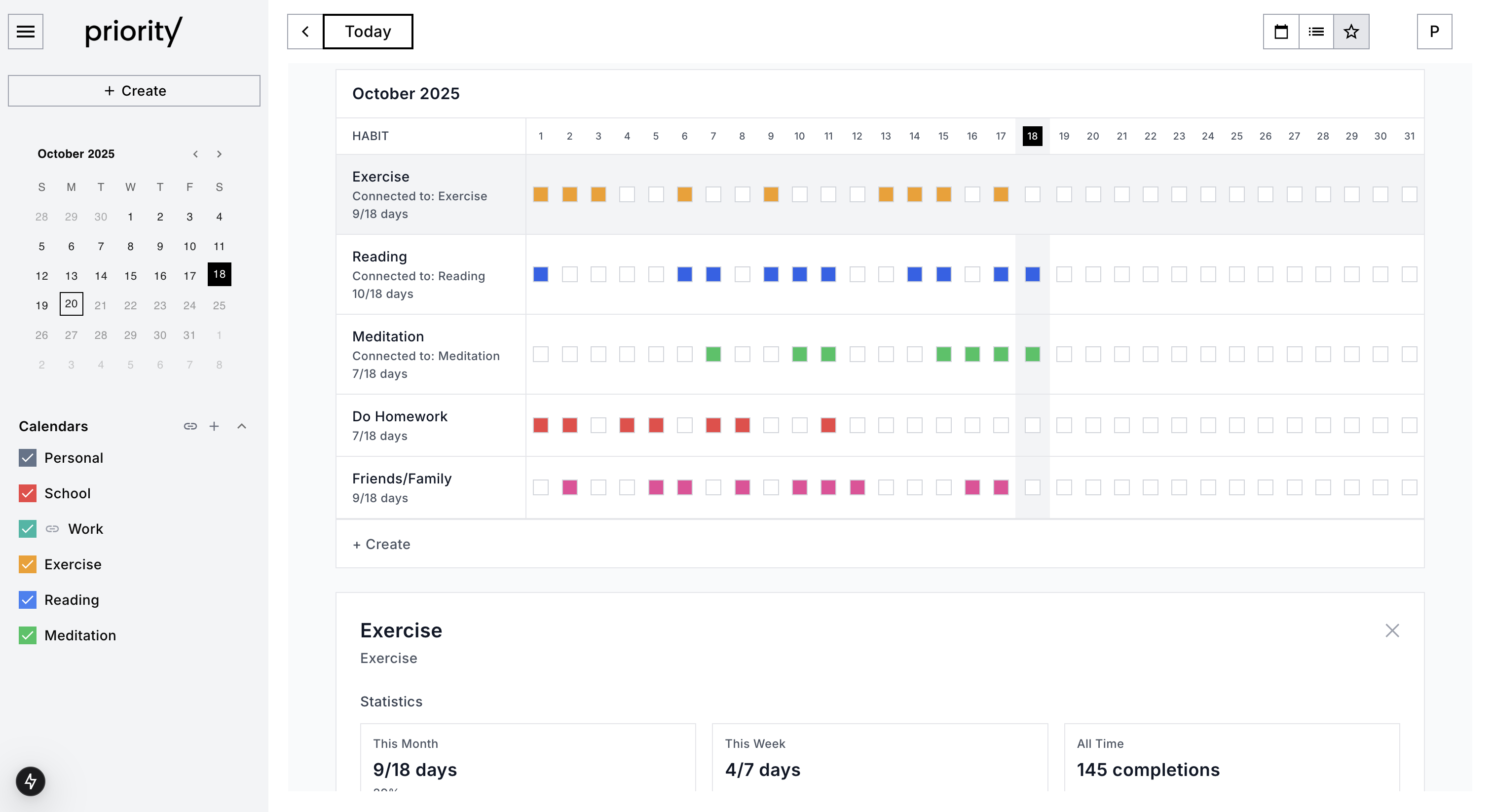 Habits list in Priority